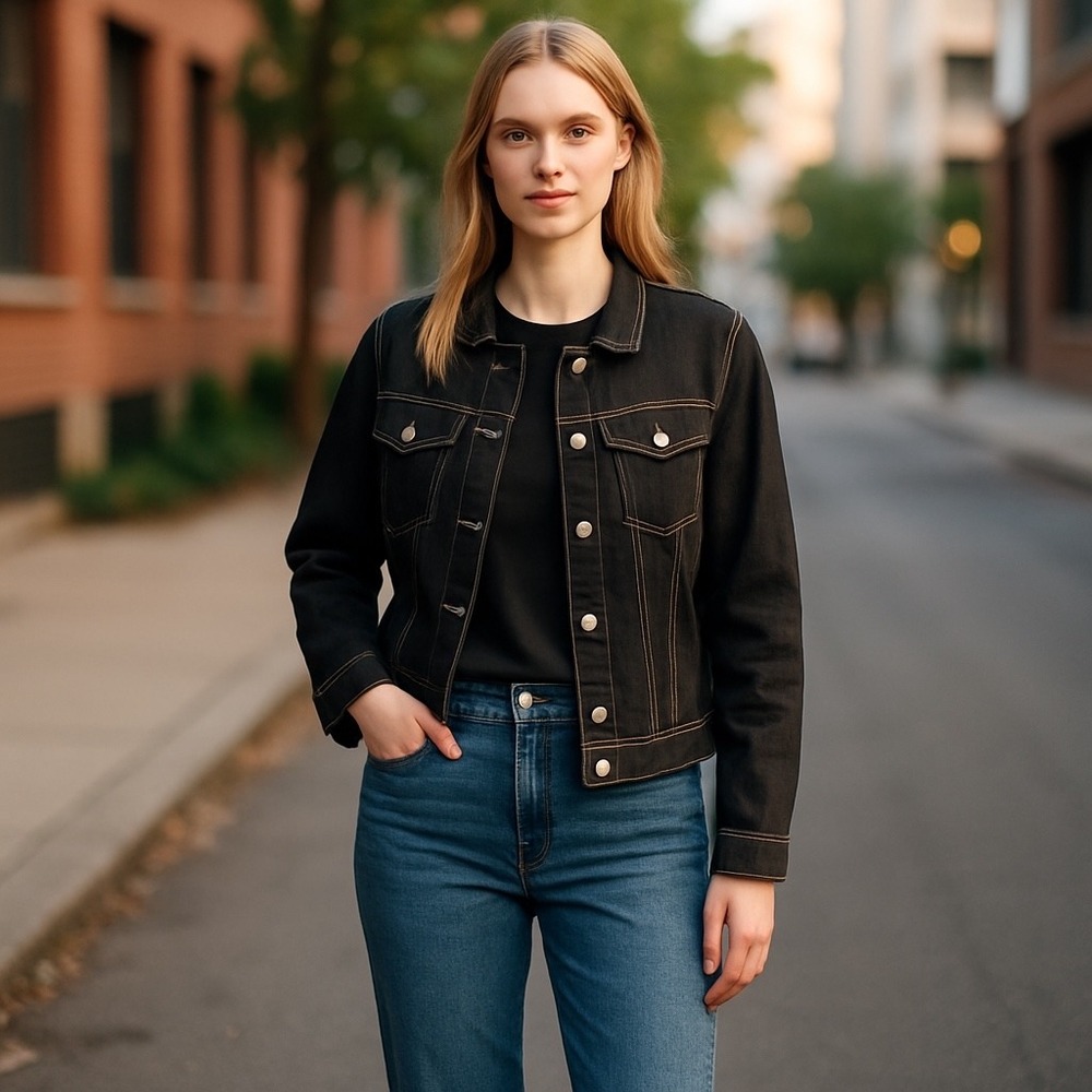 Agnes Orinda Denim Jacket Western Style Button Front Black Jean Jacket 2X‎